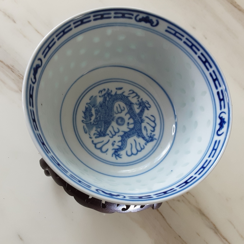 JINGDEZHEN DRAGON RICE BOWL BLUE/WHITE PORCELAIN 4.5